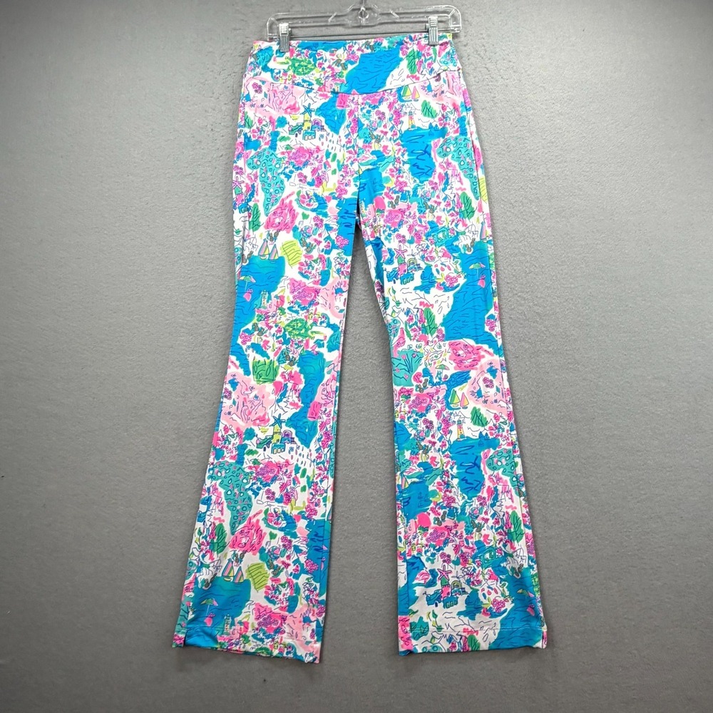 Patchington Pants Womens Small Floral Coastal Landscape Beach Stretch Wide Leg